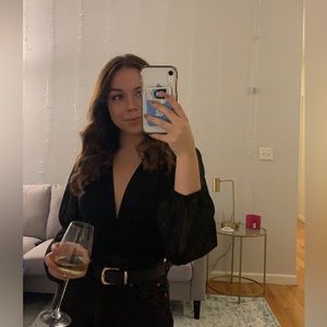 Black mesh v-neck long sleeve bodysuit